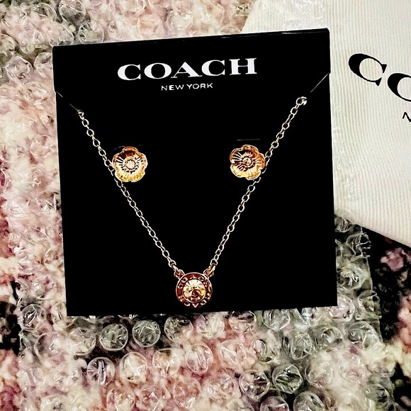 COACH || Open Circle Necklace + Tea Rose Stud Earrings Gift Set ⚜️NWT⚜️ - Picture 2 of 4